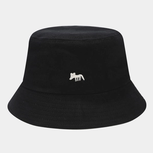 Detail of embroidered cartoon fox on black cotton canvas bucket hat with stitched brim