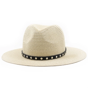 Classic wide-brim straw fedora hat for sun protection with black rivet band detail