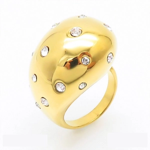 Chunky 18K gold plated stainless steel open ring with sparkling round crystals for women