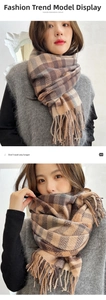 Close-up of a soft plaid scarf with long tassels and thick cashmere-like fuzzy texture