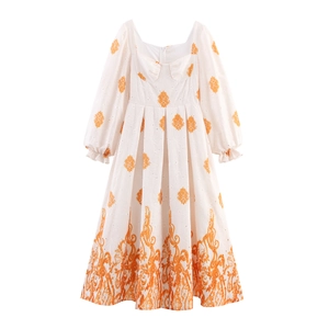 Vestido Maxi de Mujer Dulce Cuello Cuadrado Manga Larga Bordado Floral Manga Abullonada Calado Cintura Alta Poliéster Blanco