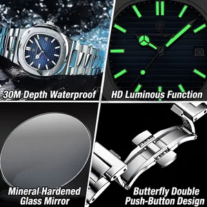 Waterproof ultra-thin men's quartz watch with blue dial and luminous hands in steel