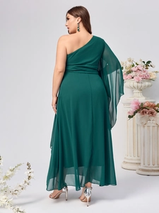 Elegant plus size dark green chiffon one shoulder maxi dress for formal evening parties