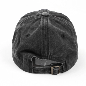 Back view of vintage grey washed baseball cap with adjustable metal buckle and strap