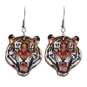 Handcrafted wooden tiger head drop earrings with realistic texture and metal hooks