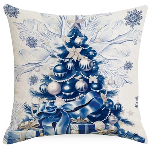 Detailed close-up of Christmas tree illustration on blue linen texture pillow cover