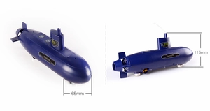 Detailed dimensions of the blue remote control submarine with yellow propellers