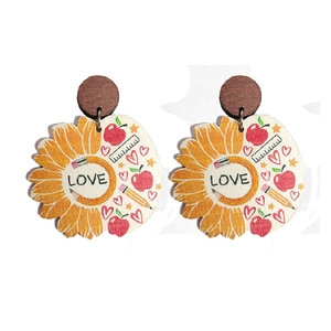 Wooden sunflower earrings with Love print and teacher motifs like apples and pencils