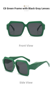 Detail of green square sunglasses with wide geometric temples and dark polarized lenses