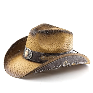 Vintage western hollowed straw cowboy hat with distressed finish and leather rivet band