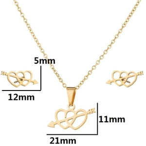 Gold stainless steel hollow heart jewelry set with arrow design necklace and earrings
