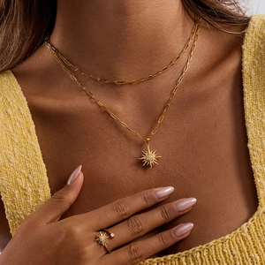Luxurious double-layer gold sun necklace and ring set in polished stainless steel for women