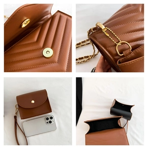 Detail view of brown PU crossbody bag featuring V-quilted texture and metal chain