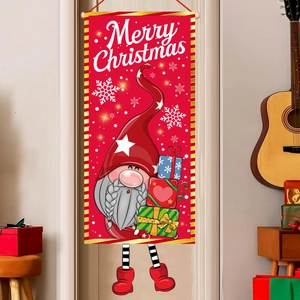 Christmas door banner with gnome pattern and Merry Christmas text on a white wood door