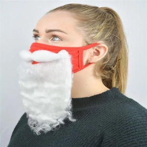 Detailed side view of a Christmas Santa beard mask with red fabric and white faux fur