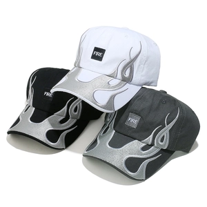 Hip hop baseball caps with silver flame embroidery in black, white, and dark grey colors