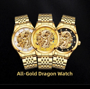 Vue détaillée de trois montres mécaniques dorées avec cadrans sculptés de dragons en 3D
