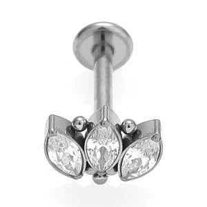 Macro shot of G23 titanium labret stud with marquise cubic zirconia and flat back design