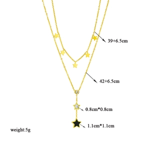 Double-layered gold titanium steel necklace with black and white star fringe pendants