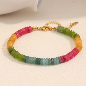 Detail of colorful tourmaline-style beaded bracelet with 18K gold plated lobster clasp