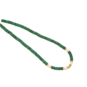 Green malachite style beaded necklace with white pearls and gold metal evil eye pendant