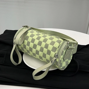Women Checkerboard Barrel Shoulder Bag Bubble Texture Crossbody Cylinder Handbag With Adjustable Wide Strap Casual
