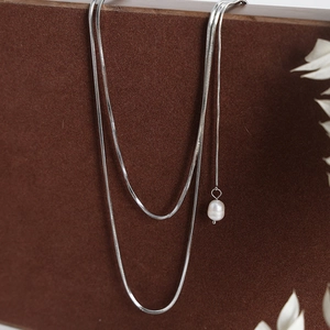 Minimalist double layer titanium steel necklace with elegant white pearl pendant for women