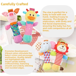 Detailed plush animal rattles set including pink pig, blue elephant, and yellow duck