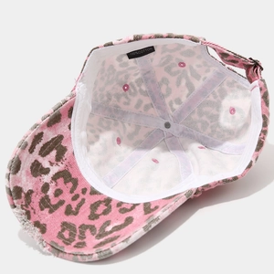 Pink leopard print baseball cap with distressed brim details and 100% cotton inner lining
