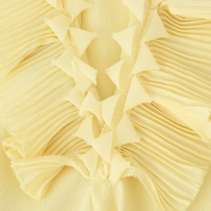 Women's V-neck pleated chiffon top with ruffled edges in light yellow soft fabric