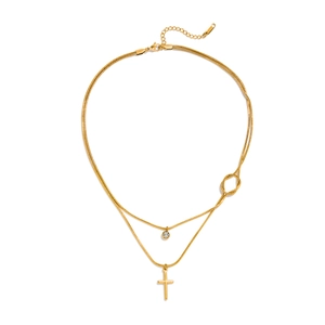 Double layered stainless steel necklace with cross pendant and round zircon stone