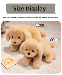 Detailed comparison of 33cm and 40cm plush Labrador dogs with red collars and bells