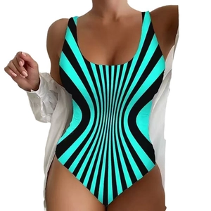 Sexy cyan and black striped one-piece swimsuit with a flattering deep round neckline