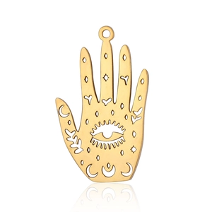 Detailed view of a gold-plated Hamsa pendant featuring hollow eye and moon patterns