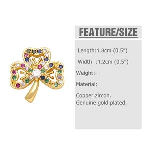 Detailed view of 1.3cm gold plated clover earring with colorful zircon and size specs