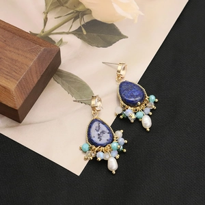 Vintage Lapis Lazuli Artificial Pearl Drop Earrings With 925 Sterling Silver Earring Post Bohemian Gold Plated Crystal Beads Jewelry