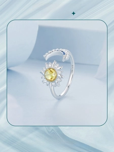 Detail view of S925 sterling silver sun and moon ring with yellow and blue stones