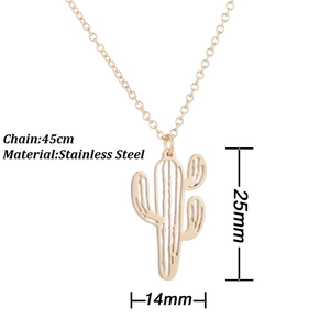 Golden stainless steel hollow cactus pendant necklace with 45cm chain for women