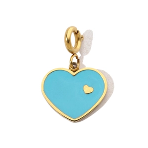 Close-up of sky blue enamel heart pendant with golden trim and mini heart detail