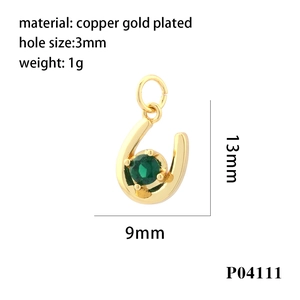 18K gold plated copper horseshoe pendant with green zircon for DIY jewelry making
