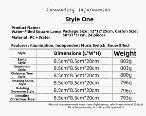 Detailed specifications of water-filled musical Christmas lantern with glitter snow