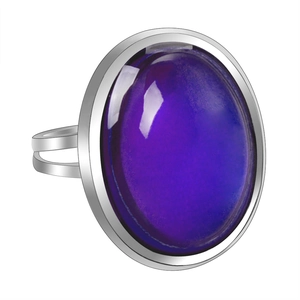 Macro detail of oval purple mood ring with adjustable silver band on white background