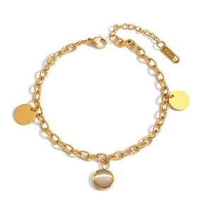 Gold stainless steel link bracelet featuring polished discs and a round opal stone charm
