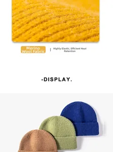 Close-up of fine-knit cashmere wool texture and various solid color beanie hats