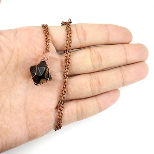 Handmade copper wire wrapped Merkaba star pendant with natural black gemstone and chain