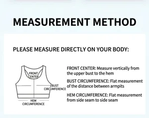 Detailed size guide showing measurements for sports bra length, bust, and hem circumference