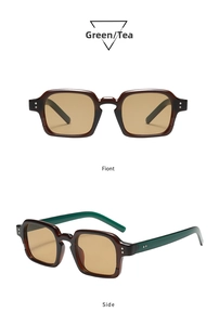 Front and side view of retro green square sunglasses with tea lenses and metal rivet details