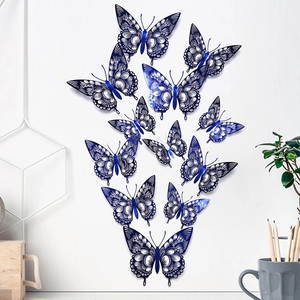 Set of 12 blue hollow-out 3D paper butterflies decorative wall stickers for home decor