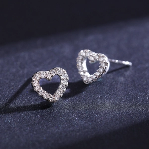 Sweet S925 sterling silver heart stud earrings with pavé set sparkling crystals