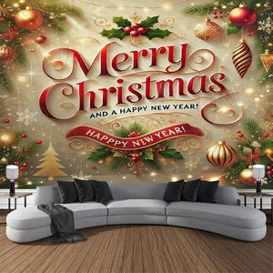 Christmas tapestry wall hanging with gold and red festive design over a grey sofa